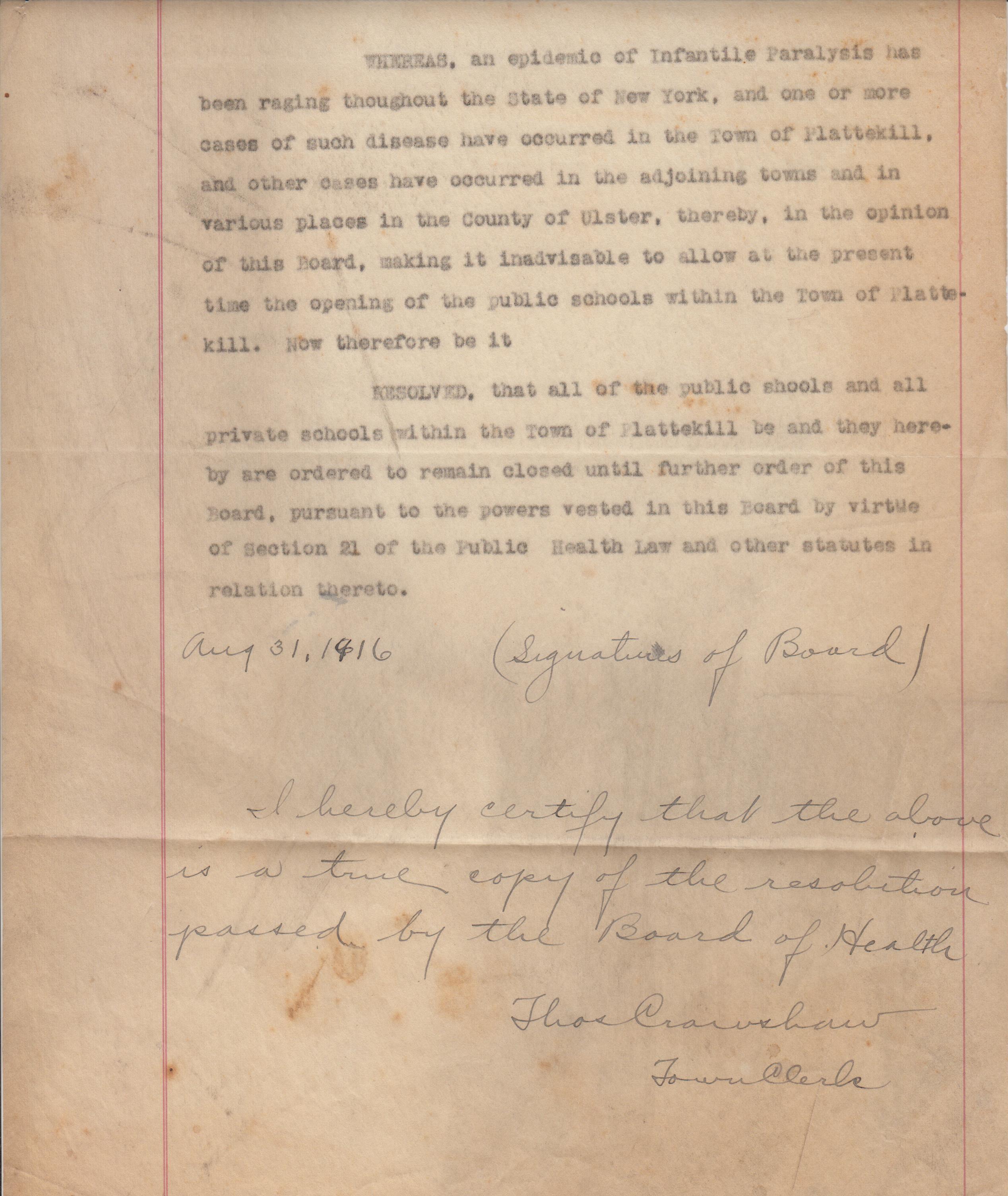 1916 School Closure Resolution